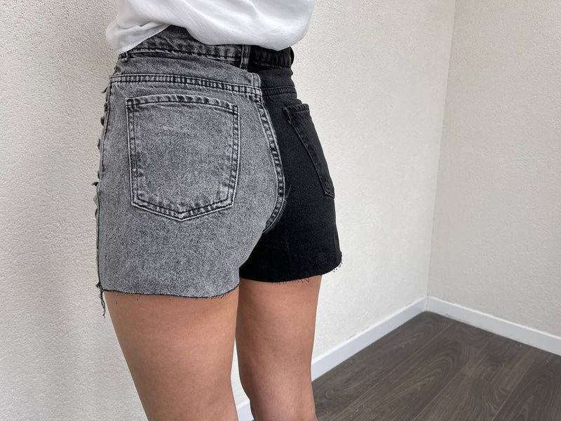 High Waist Two Tone Ripped Jeans Shorts