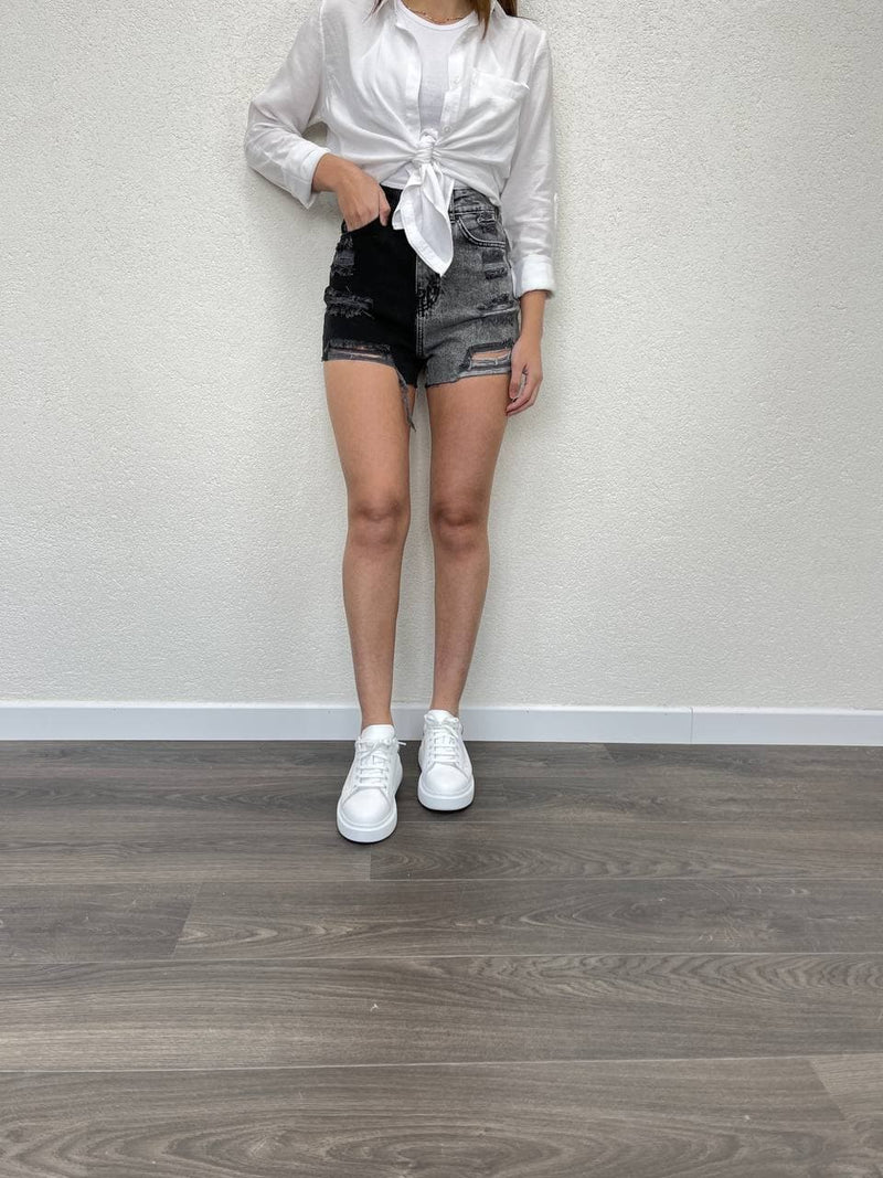 High Waist Two Tone Ripped Jeans Shorts